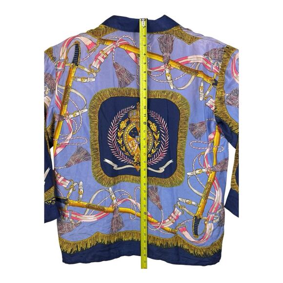 Vintage Stunt Collections Blouse 100% Silk Blue Tassel Ribbon Print Large 80s - Picture 9 of 13